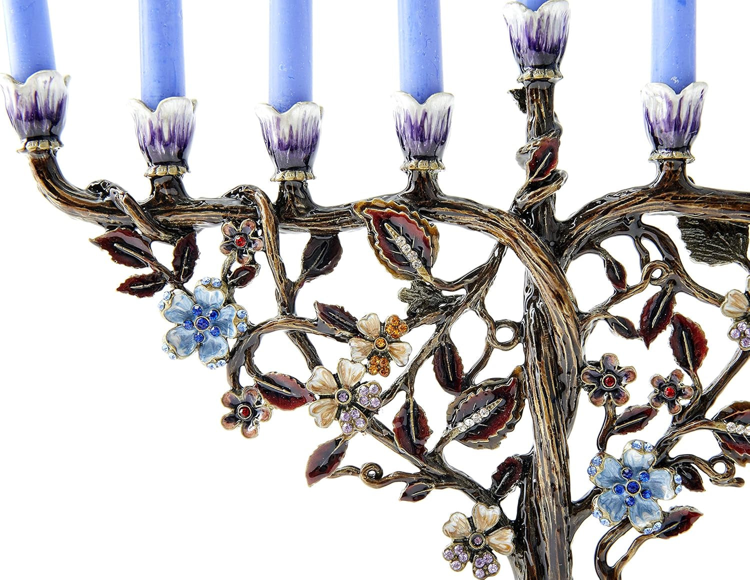 Elegant Hanukkah Menorah with Hand-Painted Flower Vine Design & Crystal Embellishments