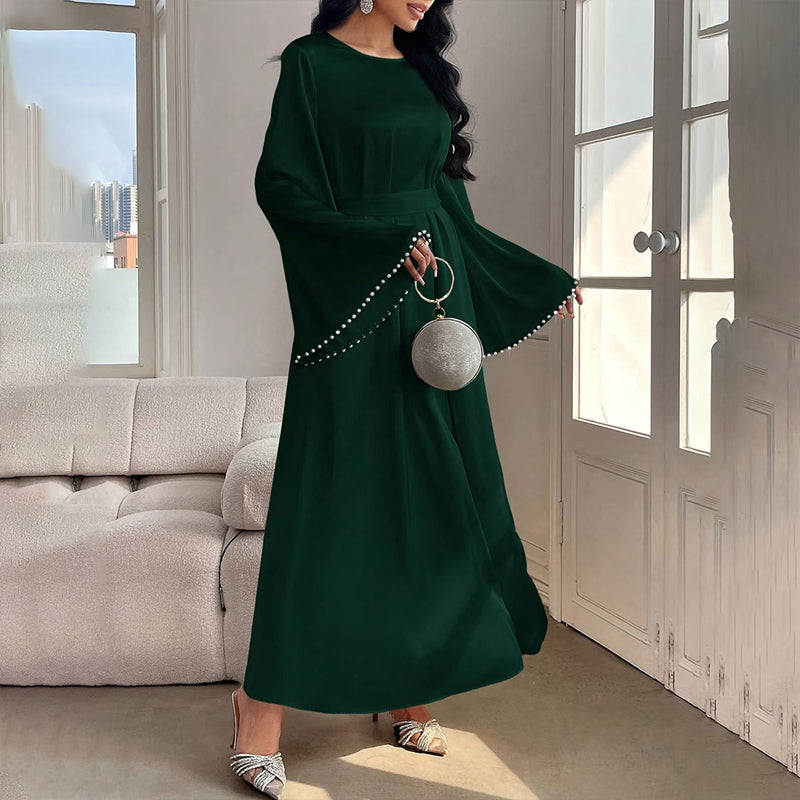 Elegant Pearl-Cuff Flared Maxi Dress – Modest A-Line Abaya Style