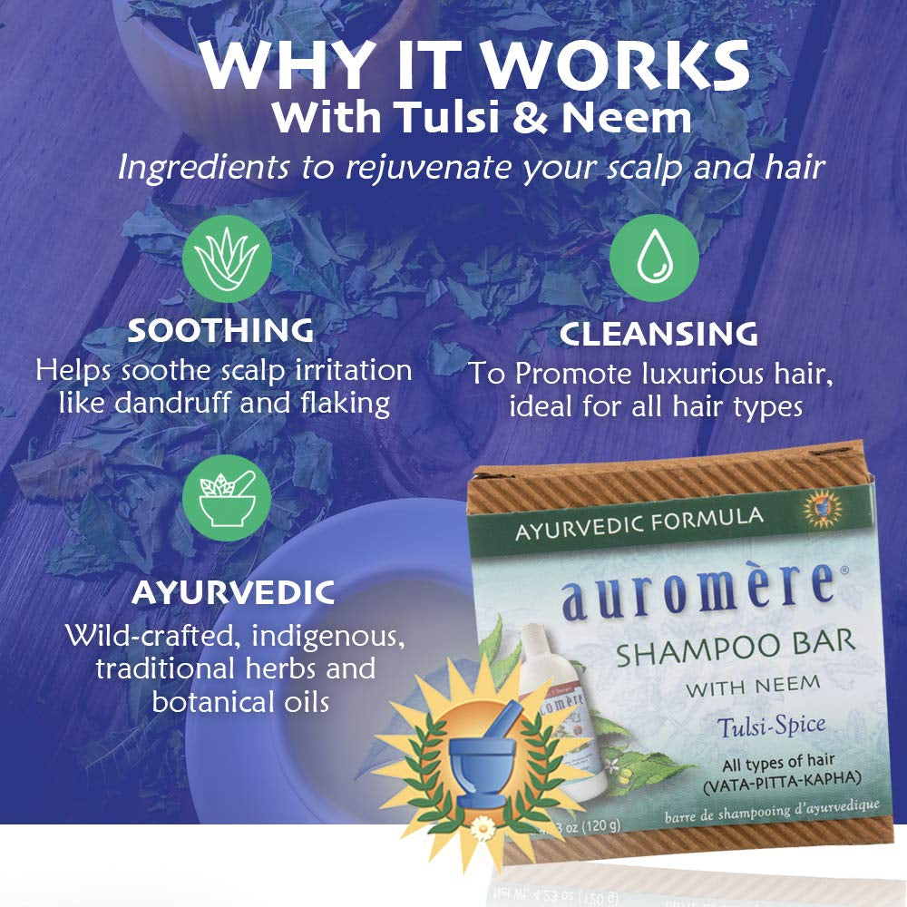 Auromère Ayurvedic Shampoo Bar – Tulsi-Spice | All-in-One Hair & Body Soap | Vegan, Zero-Waste, Neem & Herbal Formula (4.23 oz)