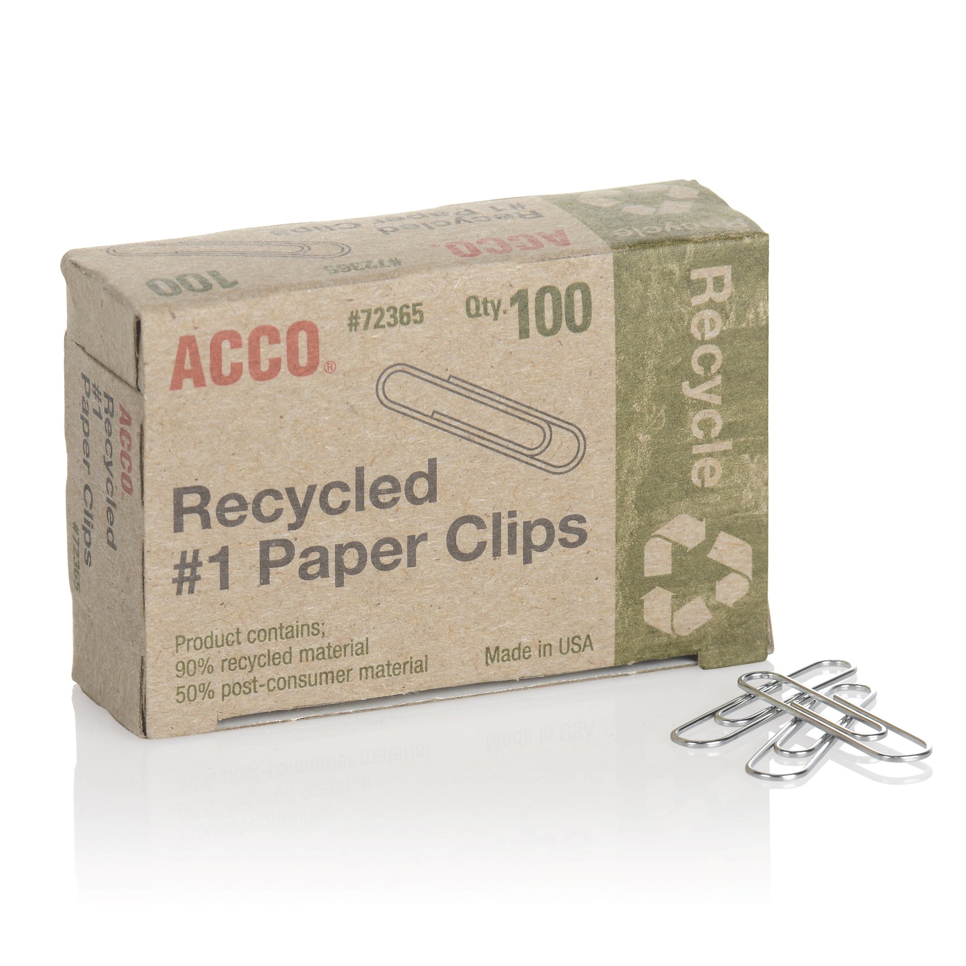 ACCO Recycled Paper Clips, #1 Size, Smooth Silver Finish – 100/Box