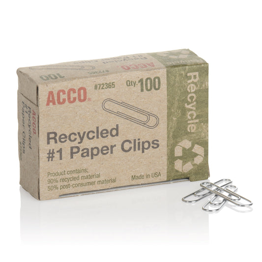 ACCO Recycled Paper Clips, #1 Size, Smooth Silver Finish – 100/Box