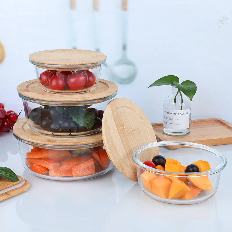 Silicon Glass Lunch Box with Bamboo Wood Lid