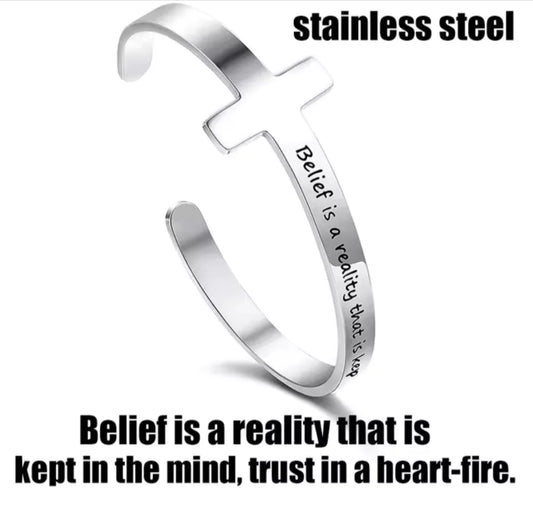 Silver Plated Christian Cuff Bracelet – Adjustable Stainless Steel with Cross & Jesus Bible Verse