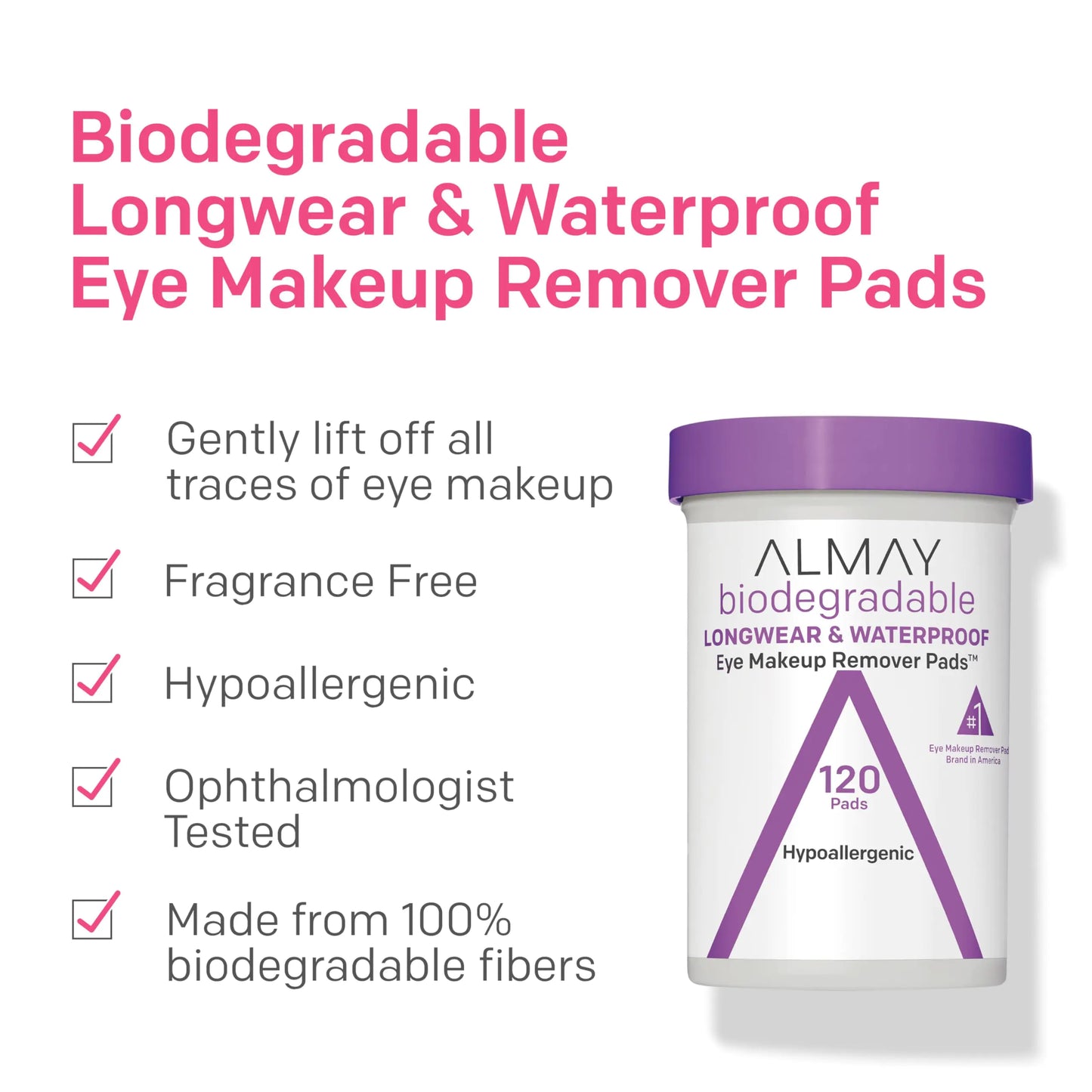 Almay Biodegradable Makeup Remover Pads, Longwear & Waterproof, Hypoallergenic, Fragrance-Free, Dermatologist & Ophthalmologist Tested, 120 count 1 Count (Pack of 120)