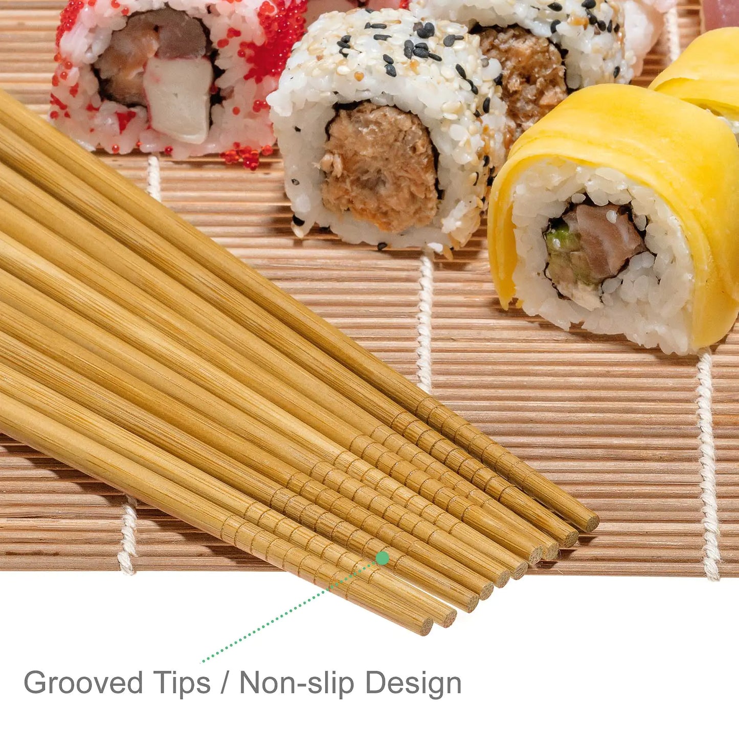 Bamboo Sushi Making Kit with 2 Sushi Rolling Mats, 5 Pairs of Reusable Bamboo Chopsticks, 1 Rice Paddle and 1 Spreader - Beginner Sushi Kit