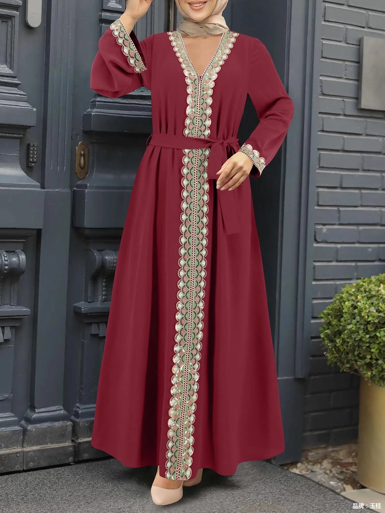 V-Neck Lace Stitching Elegant Abaya