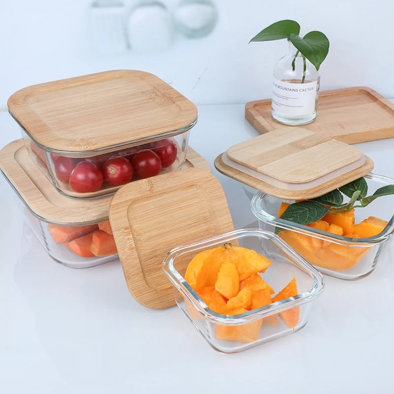 Silicon Glass Lunch Box with Bamboo Wood Lid