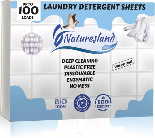 Naturesland Premium Unscented Laundry Detergent Sheets — 100 Loads, Eco-Friendly & Hypoallergenic (50 Sheets)