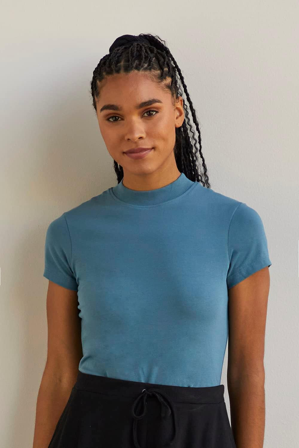 Women'S Organic Pima Cotton Short Sleeve Slim Fit Mock Neck Top