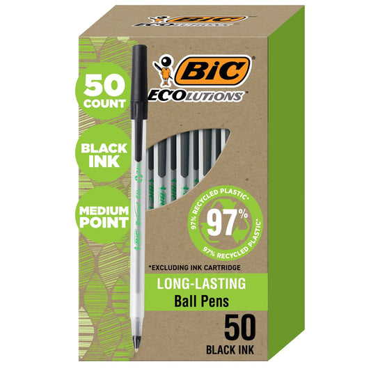 Ecolutions round Stic Ball Point Pen, Medium Point, 1.0Mm, Black Ink, 50 Count