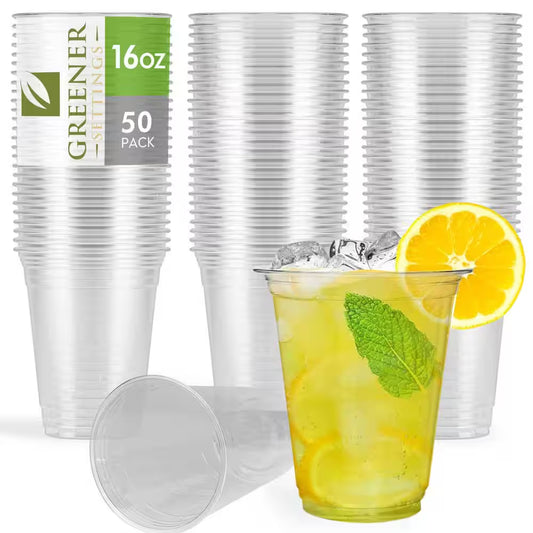 🌱 Greener Settings 16 oz Compostable Cold Cups – 50-Pack | Clear, Plant-Based, Eco-Friendly, BPA-Free