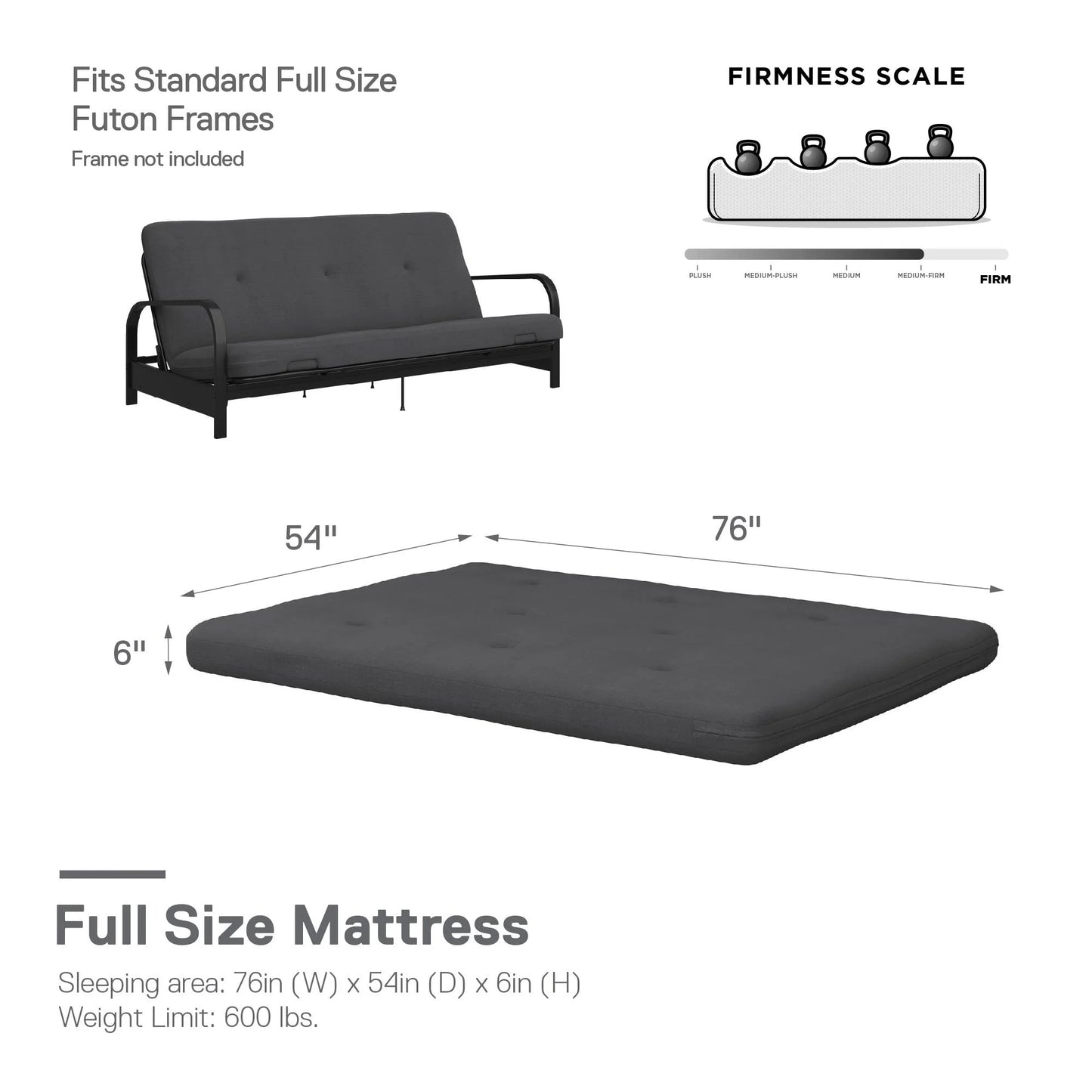 Caddie 6-Inch Futon Mattress – Full Size, Gray Linen