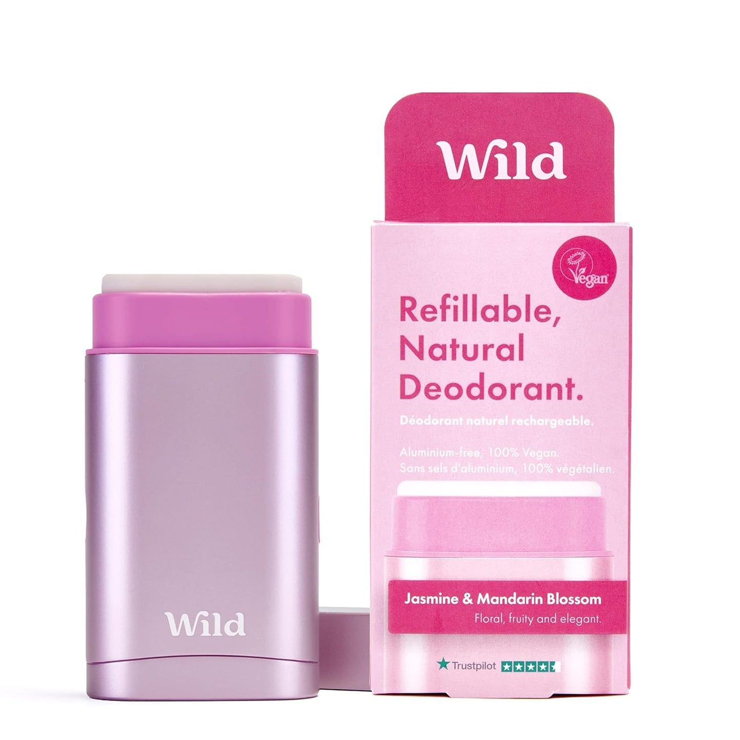 Wild Refillable Deodorant – Jasmine & Mandarin Refill | Aluminum-Free, Vegan, Eco-Friendly, Long-Lasting Natural Deodorant with Reusable Pink Case