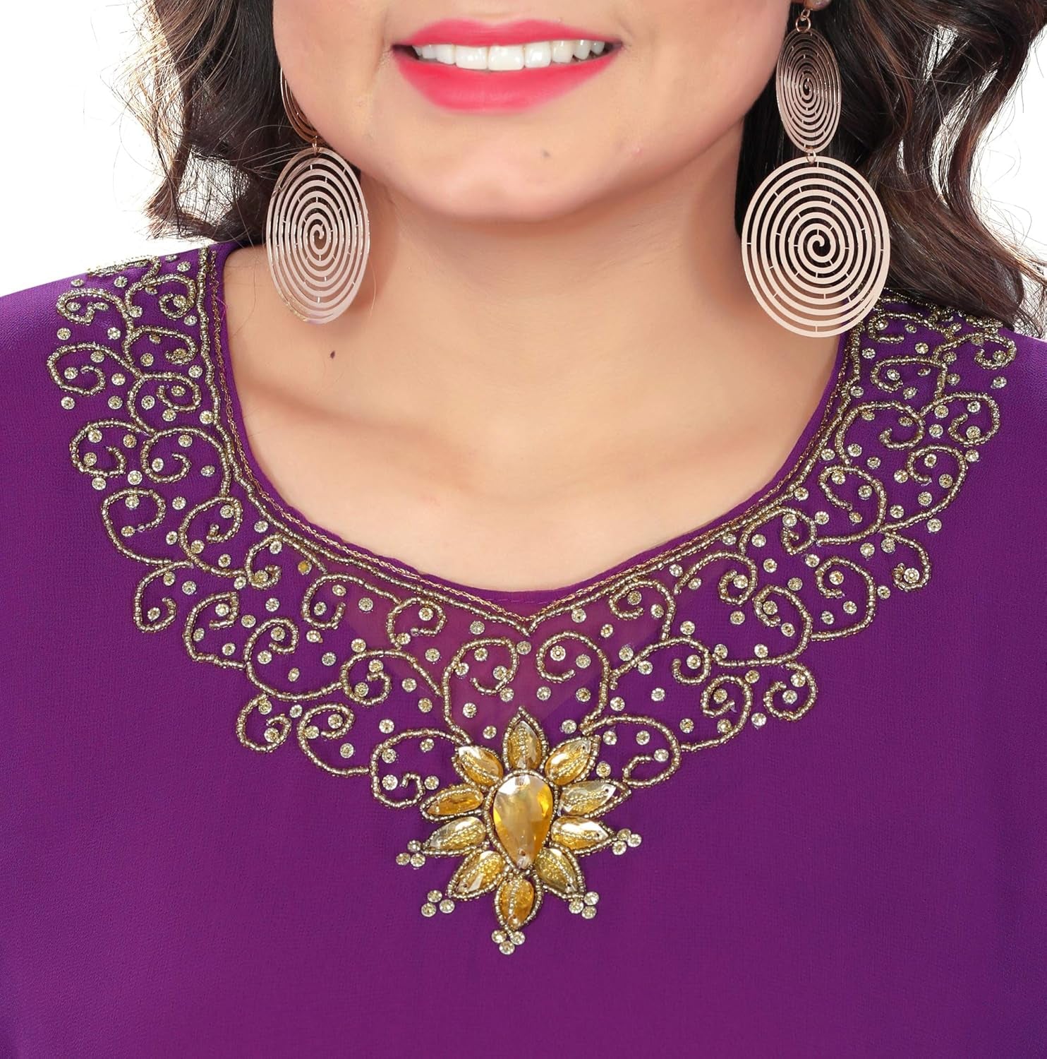 Hand-Embroidered Rhinestone Kaftan Dress – Georgette Chiffon, One Size Fits All, 58-60” Length