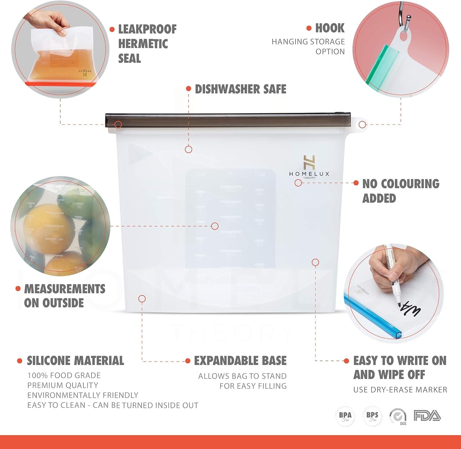 Homelux Theory Power Pack Silicone Food Storage Bags – Set of 6 Reusable Leakproof Zip Bags with Airtight Slider (2 Large, 2 Medium, 2 Small)