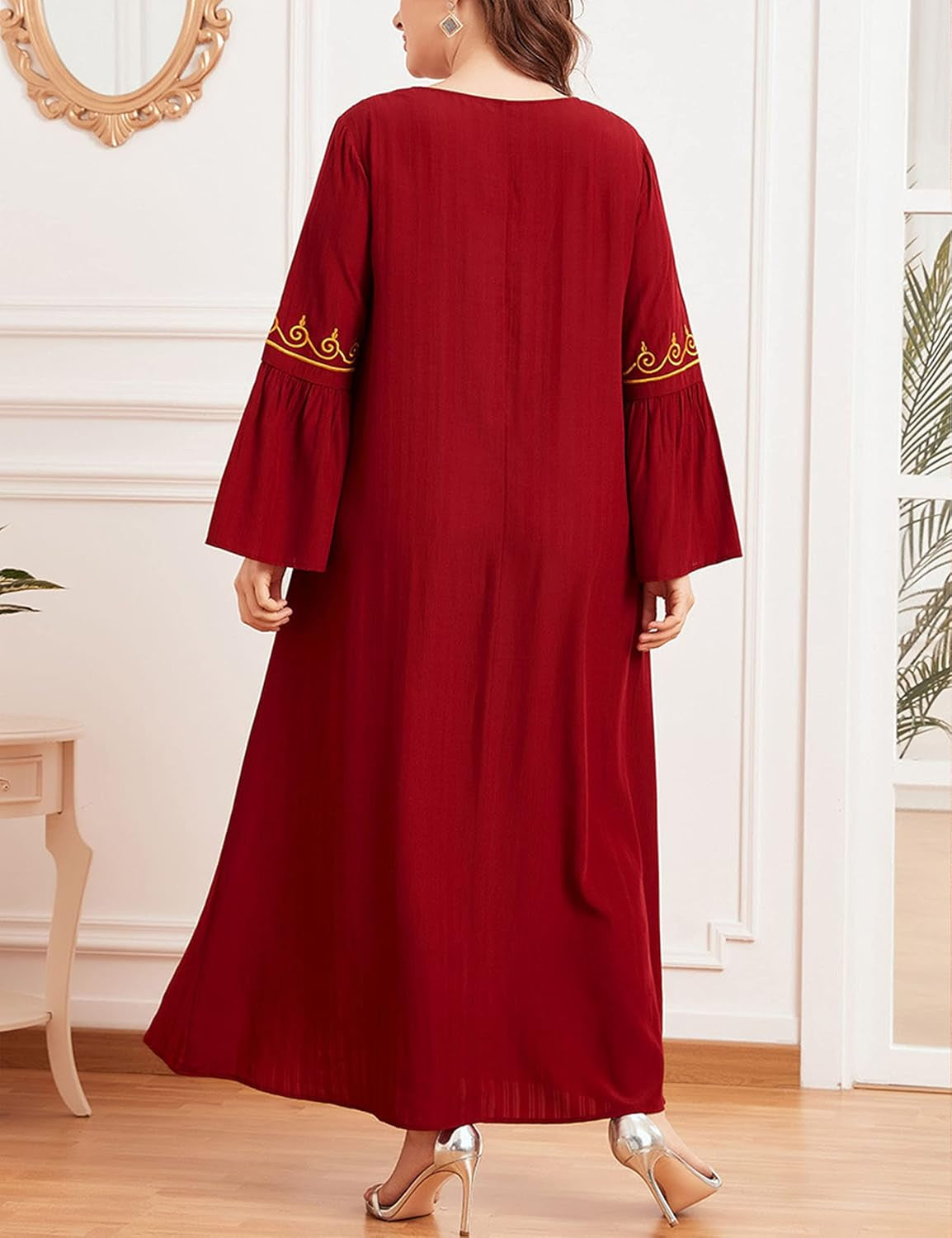 Aomesinc Plus Size Embroidered Muslim Maxi Dress – Retro Elegance in Burgundy Red