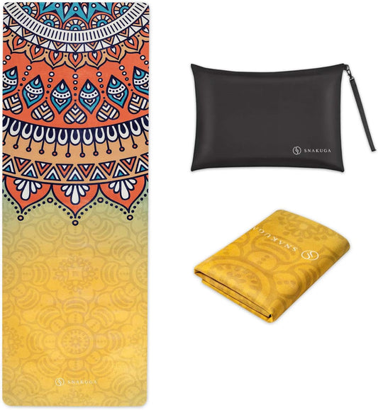 SNAKUGA Foldable Travel Yoga Mat – Eco-Friendly Suede & Natural Rubber, Non-Slip, Lightweight & Compact – 72"x26"x1.5mm Thin for Hot Yoga, Pilates & Fitness – Includes Carry Bag