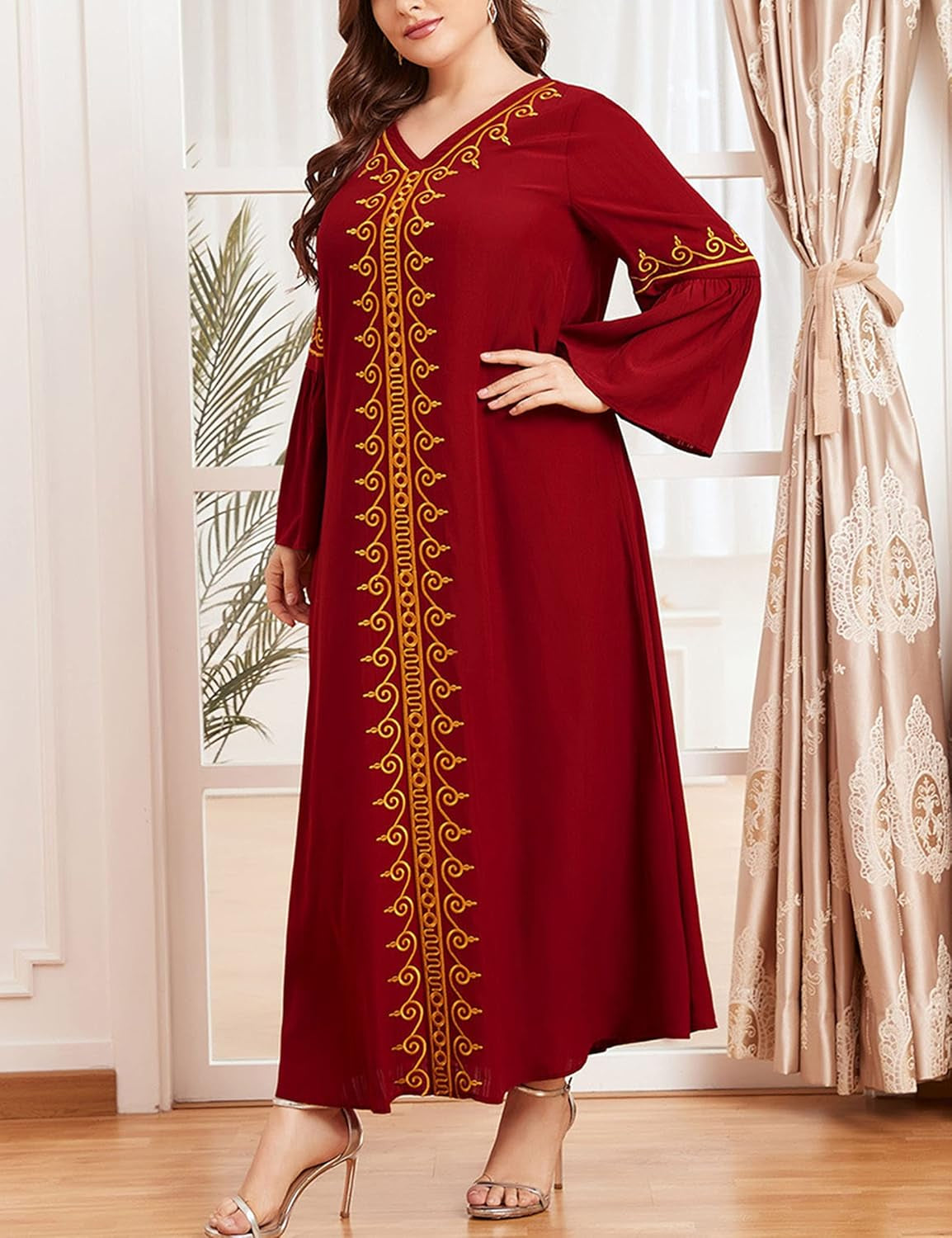 Aomesinc Plus Size Embroidered Muslim Maxi Dress – Retro Elegance in Burgundy Red