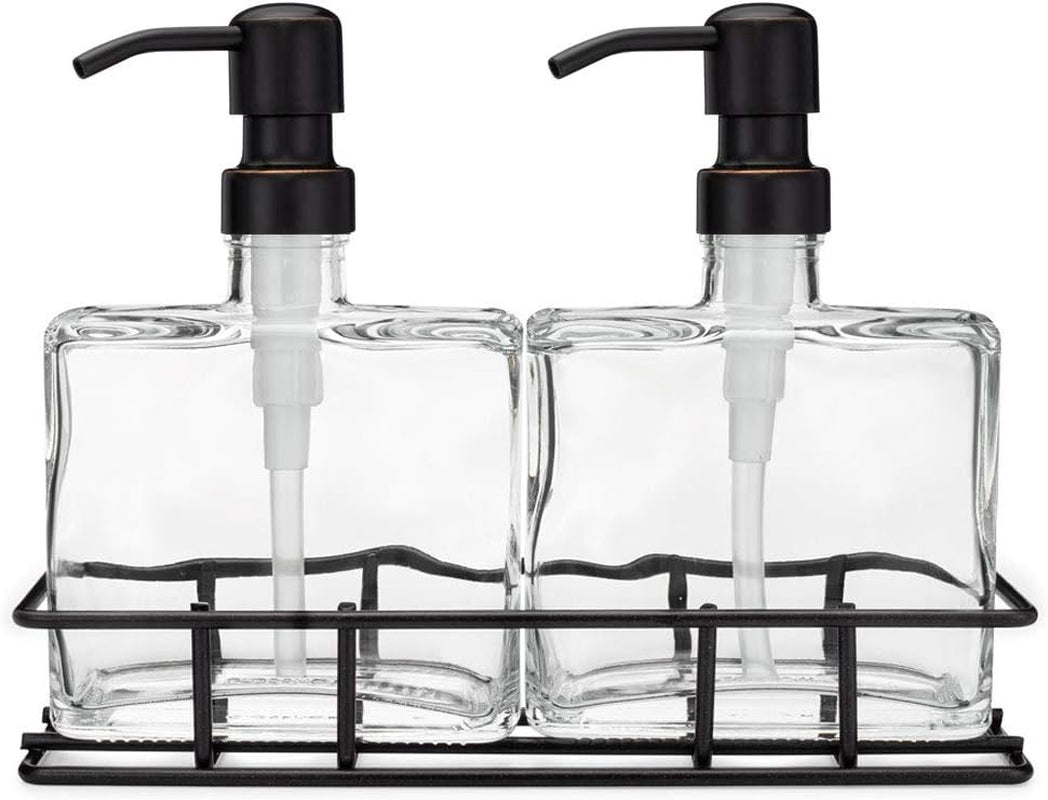 Set of 2 Refillable Glass Soap Dispensers with Farmhouse Bronze Pumps + Black Metal Stand – 8.5oz Each – Eco-Friendly Bathroom & Kitchen Counter Organizer