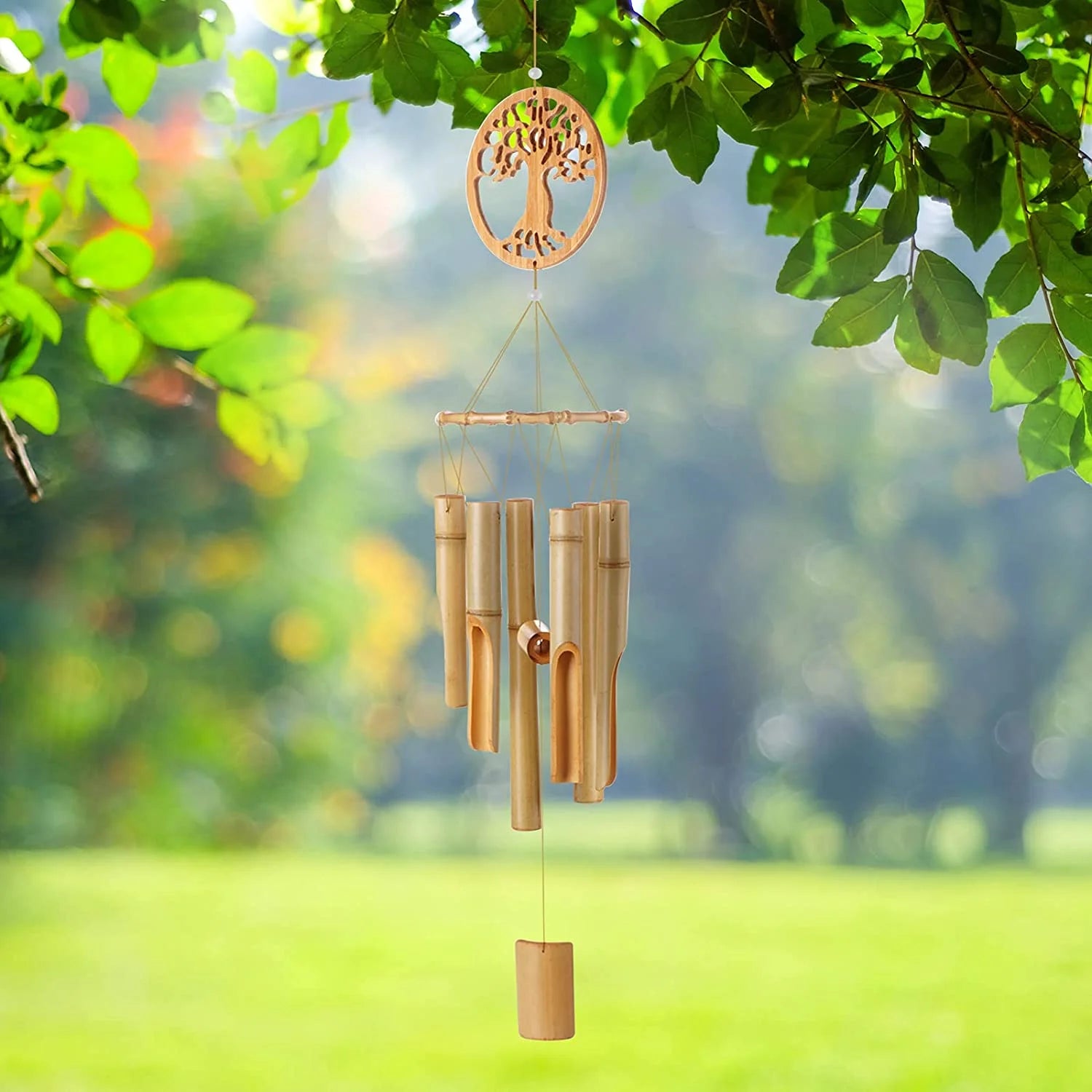 Handmade Bamboo Wind Chimes – Tree of Life Design, Natural Wooden Tubes, Sympathy Gift, Outdoor Décor (35" Height)