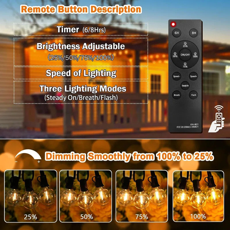 🌞 25ft Solar-Powered Outdoor String Lights with Remote – Warm LED Ambiance for Patio, Garden, Backyard & Events | Eco-Friendly & Weatherproof