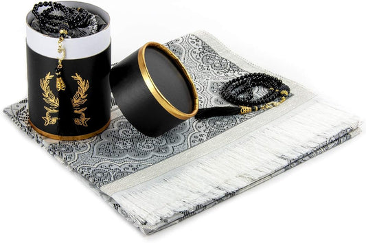 Premium Islamic Prayer Rug with Gift Tasbih Beads – Soft Taffeta Janamaz Mat for Men & Women – Lightweight, Machine Washable, Travel-Friendly, Beautifully Woven with Traditional Patterns