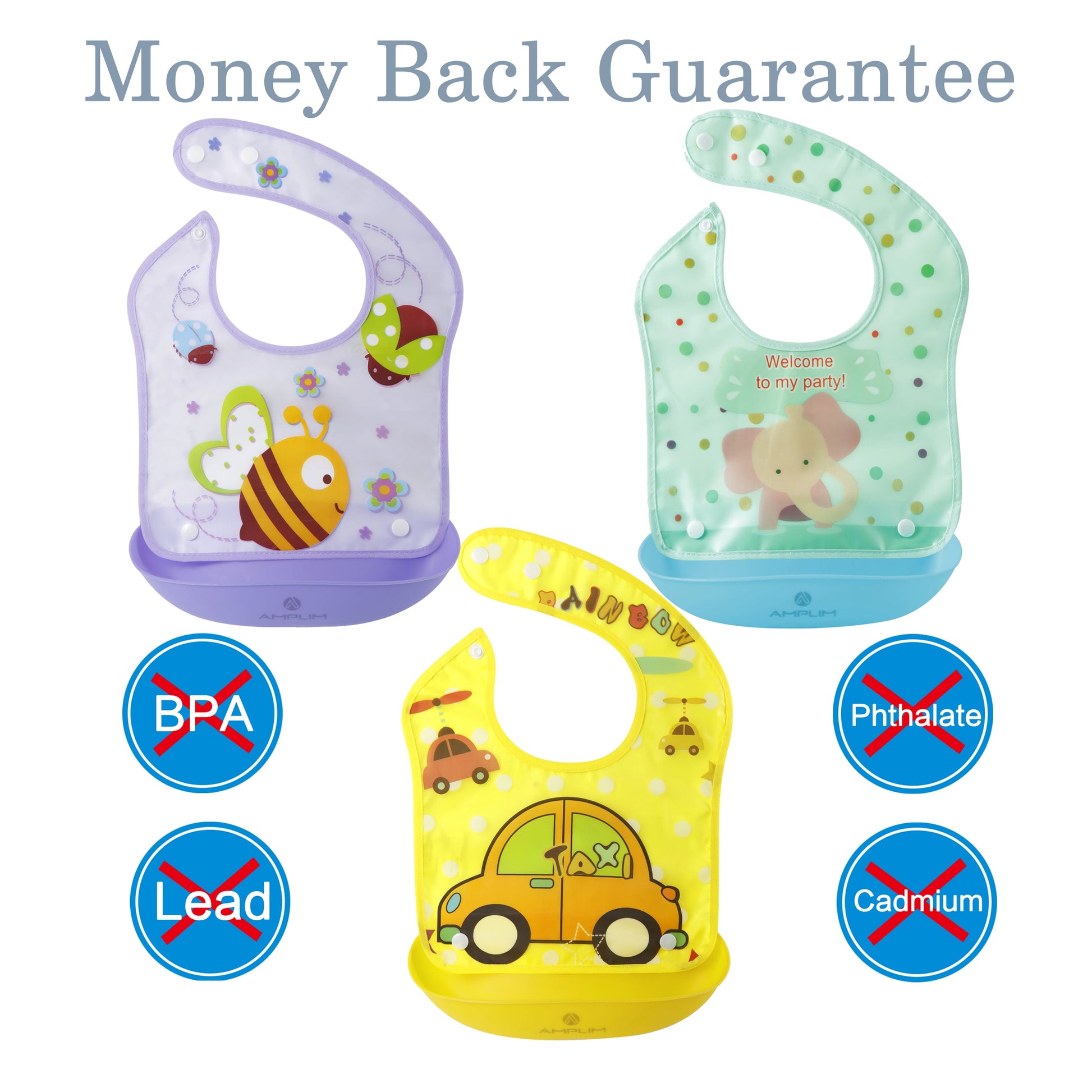 Amplim Convertible Baby Feeding Bibs 3-Pack – Waterproof, Adjustable, Lightweight, Eco-Friendly PEVA & LDPE, BPA-Free for Babies & Toddlers