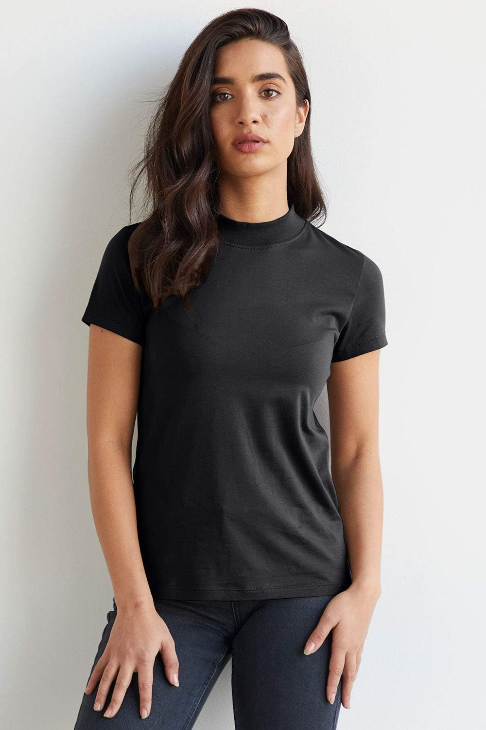 Women'S Organic Pima Cotton Short Sleeve Slim Fit Mock Neck Top