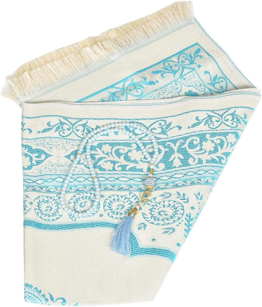 Premium Turkish Cotton Muslim Prayer Rug with Pearl Prayer Beads – Gift Boxed Islamic Prayer Mat for Men, Women & Kids