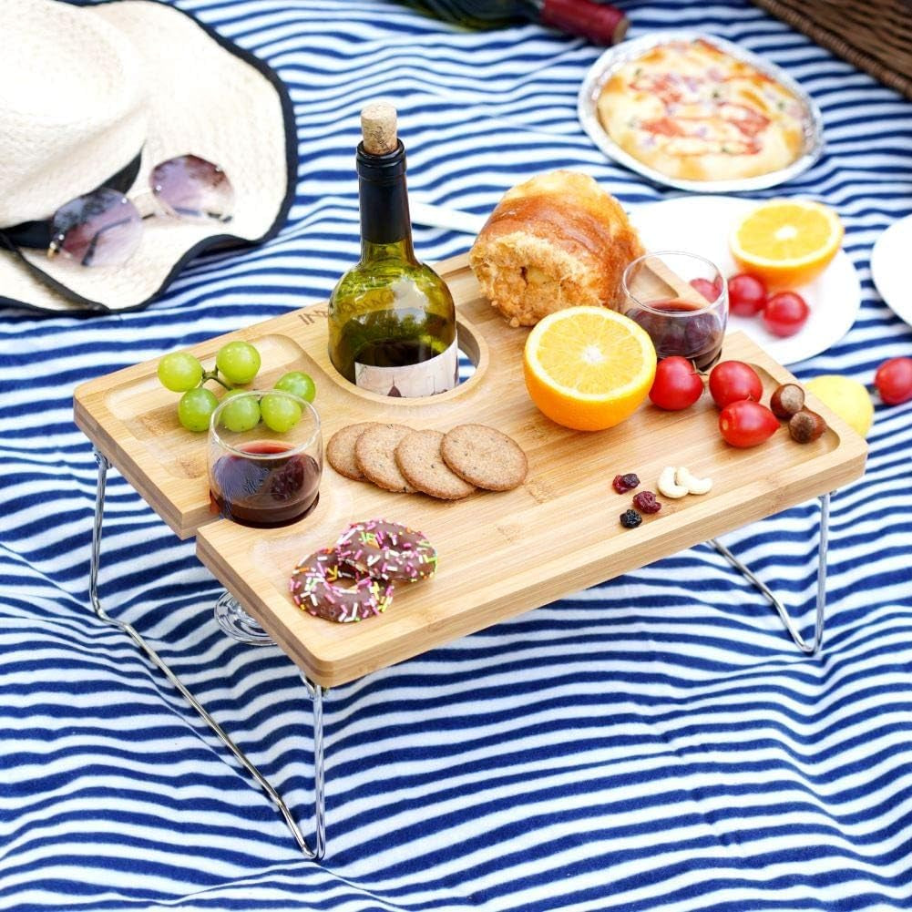 Folding Bamboo Wine Picnic Table with Bottle Opener – Portable Cheese & Snack Tray with Wine Glass Holders