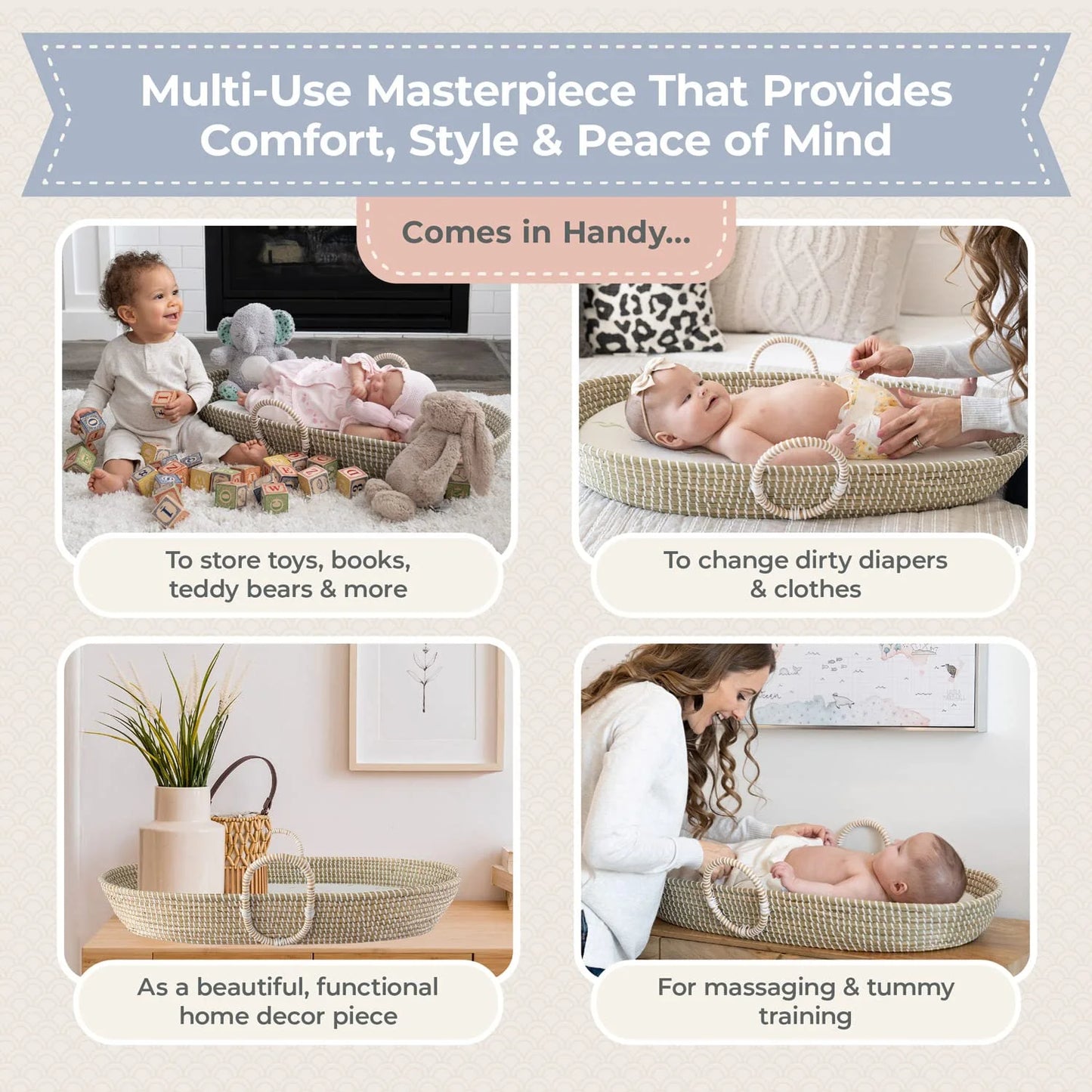 Seagrass Baby Changing Basket Set – Handwoven Natural Changing Station with Cushioned Pad & 3 Waterproof Bamboo Covers, CPSC Compliant, Boho Nursery Essential