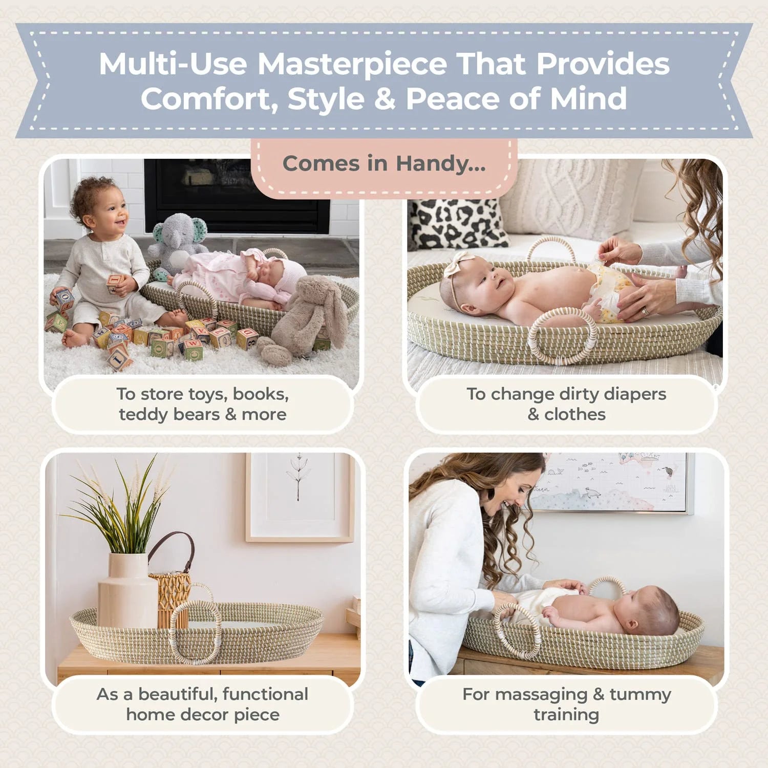Seagrass Baby Changing Basket Set – Handwoven Natural Changing Station with Cushioned Pad & 3 Waterproof Bamboo Covers, CPSC Compliant, Boho Nursery Essential