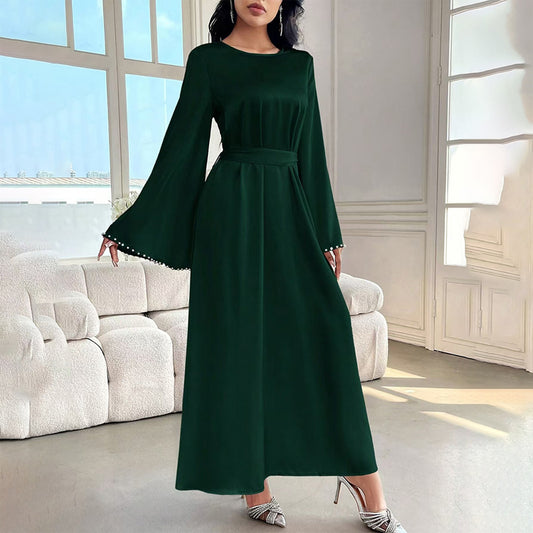 Elegant Pearl-Cuff Flared Maxi Dress – Modest A-Line Abaya Style