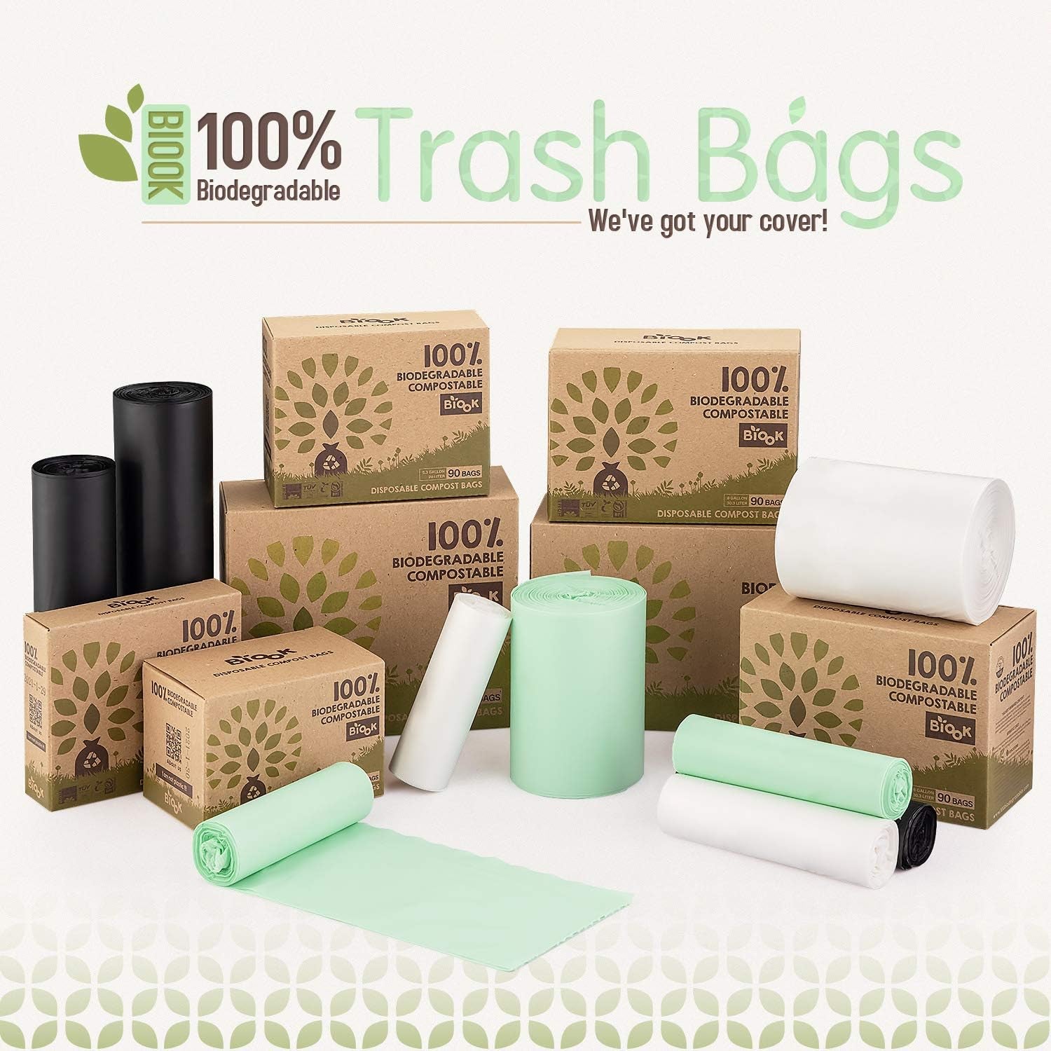 BIOOK Certified Compostable Dog Waste Bags – Leakproof, Plant-Based, Unscented – 2.6 Gallon, 25 Bags/Roll – Eco-Friendly, Biodegradable Trash Bags for Home & Pet Use
