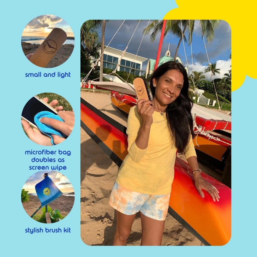 Beach Sandy Brush Kit – Eco-Friendly Sand Remover with Beech Wood Brushes & Microfiber Towel Bag – Portable Beach Accessory for Feet, Gear, & Pets