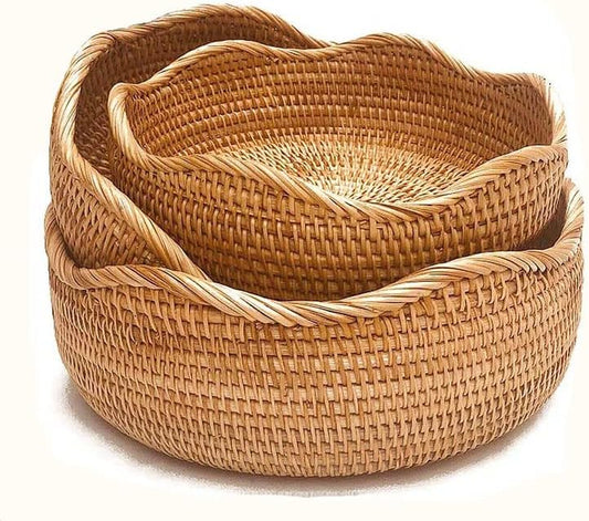 Handwoven Rattan Basket – Tall Round Wicker Storage Bowl for Fruit, Bread & Decorative Display | Eco-Friendly, Rustic Natural Organizer for Kitchen & Home Decor
