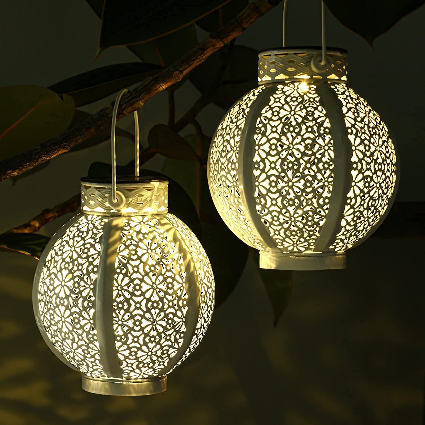 Outdoor Solar Lanterns – 2 Pack Retro Hollow Metal Hanging Lights for Garden & Patio