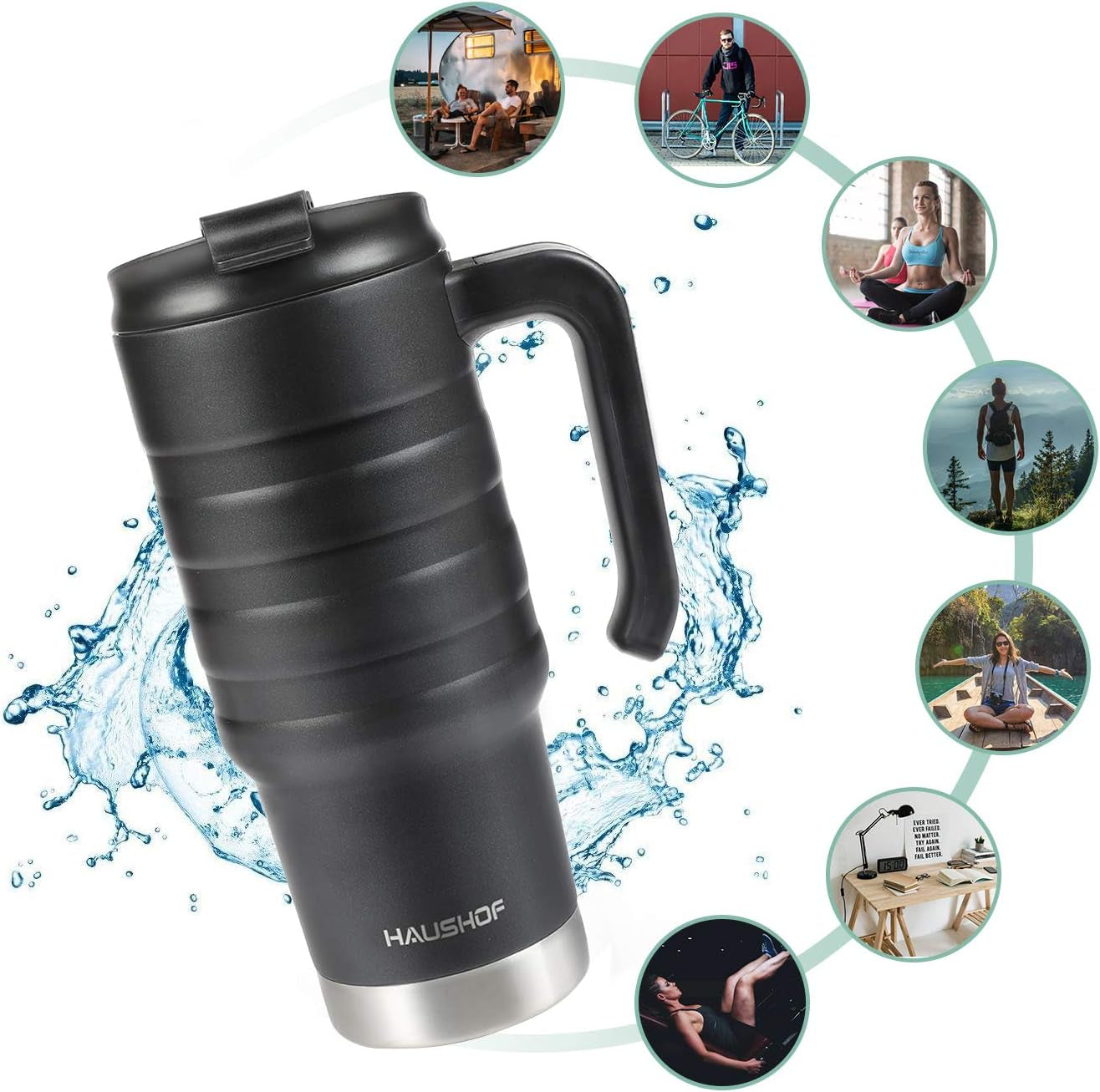 HAUSHOF 24oz Insulated Tumbler with Lid & Handle – Double Wall Vacuum Stainless Steel Travel Mug, Leak-Proof, BPA-Free, Wide Mouth for Ice, Hot & Cold Drinks