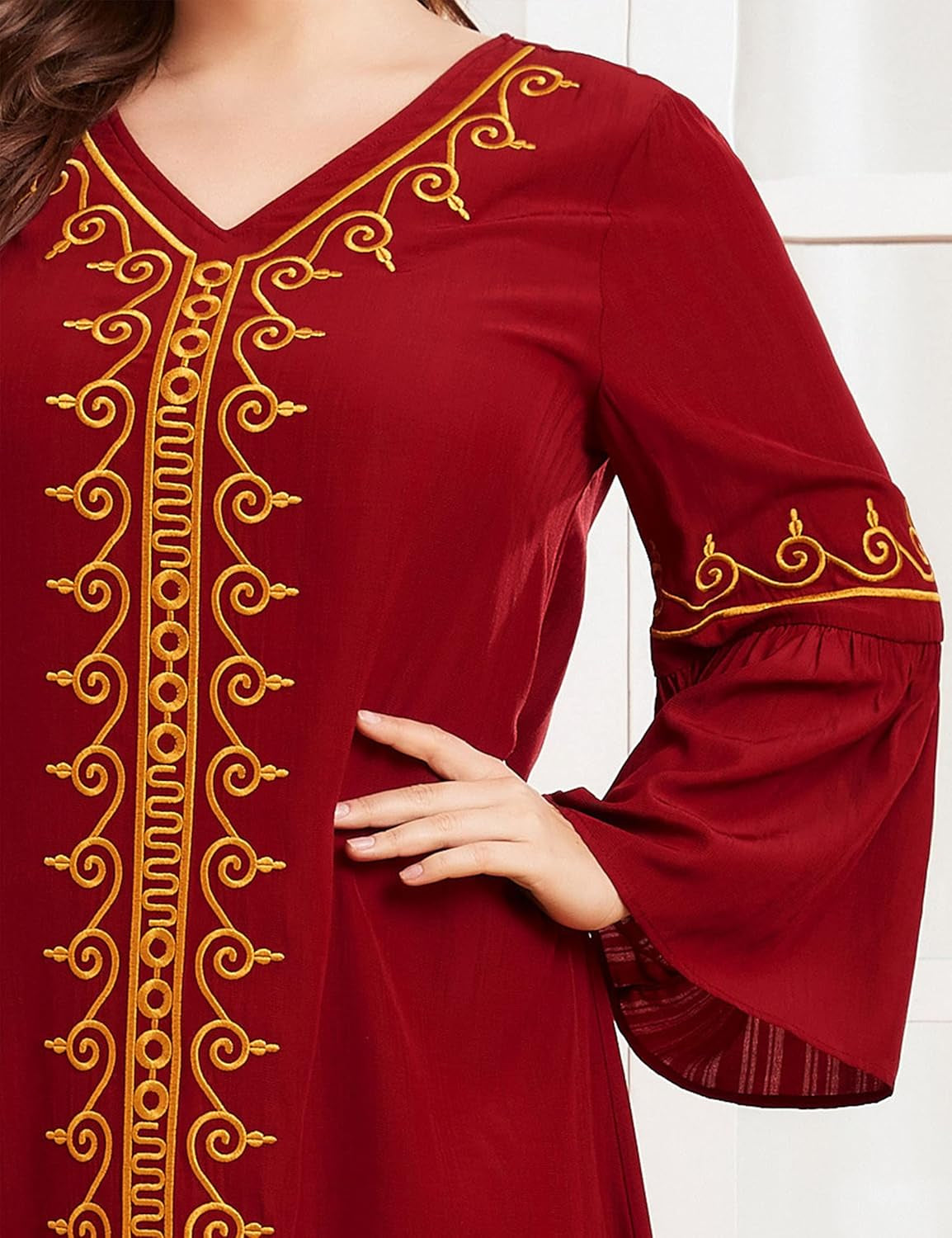 Aomesinc Plus Size Embroidered Muslim Maxi Dress – Retro Elegance in Burgundy Red