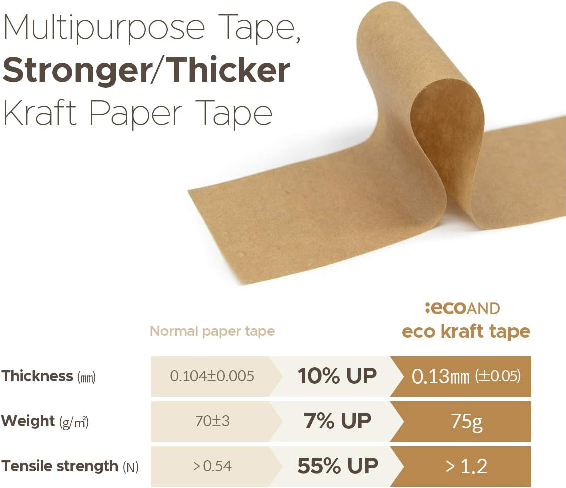 Eco Kraft Paper Packing Tape – 2" x 43 Yards Brown Writable Masking Tape – Heavy Duty, Recyclable, Tearable by Hand – Strong Adhesive for Shipping, Moving, Crafting & Storage