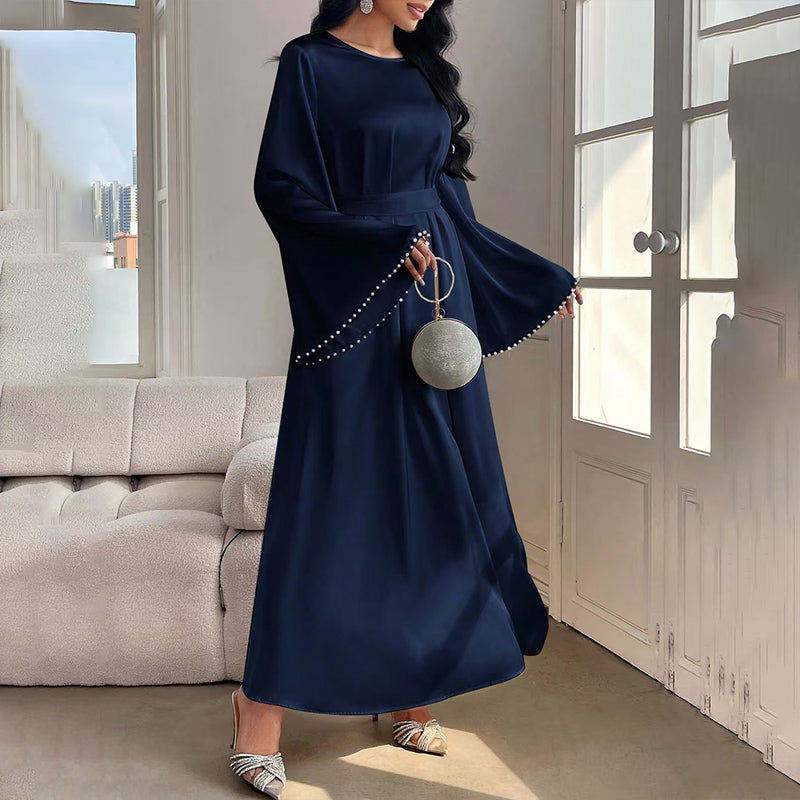 Elegant Pearl-Cuff Flared Maxi Dress – Modest A-Line Abaya Style
