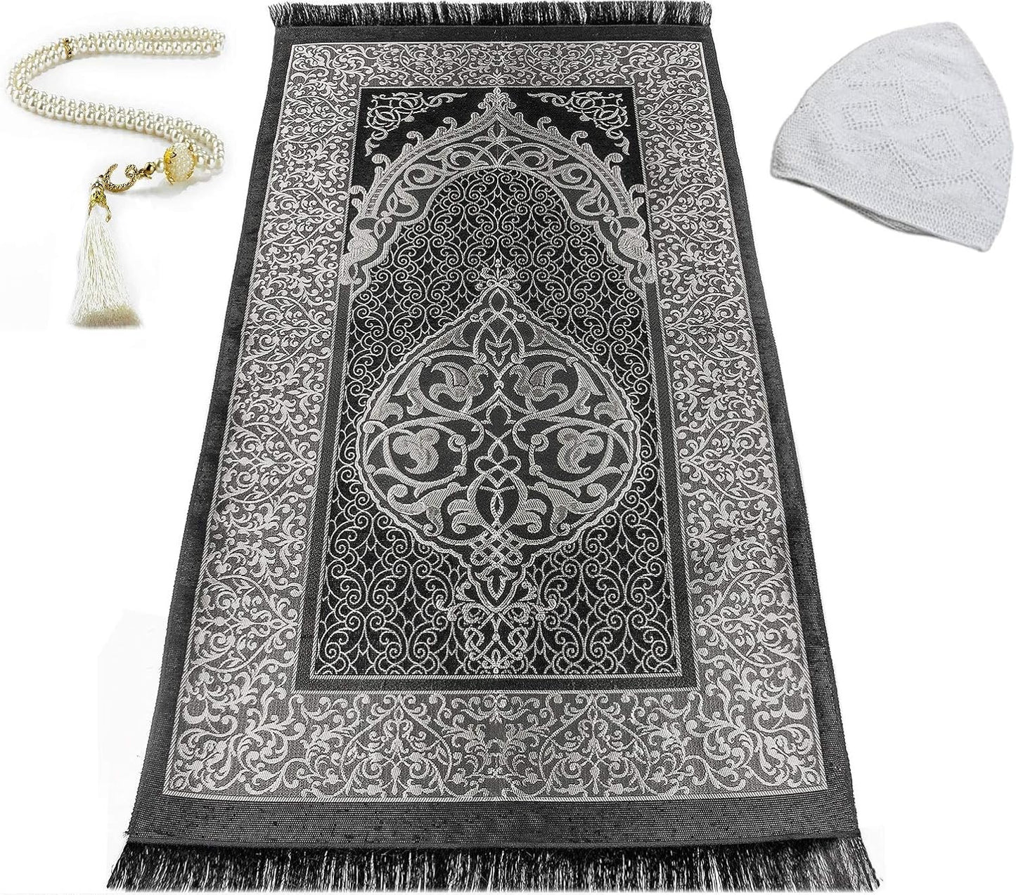Men’s Muslim Prayer Set – Premium Turkish Cotton Kufi Hat, Prayer Carpet Rug with Embroidered Tassels & Pearl Prayer Beads