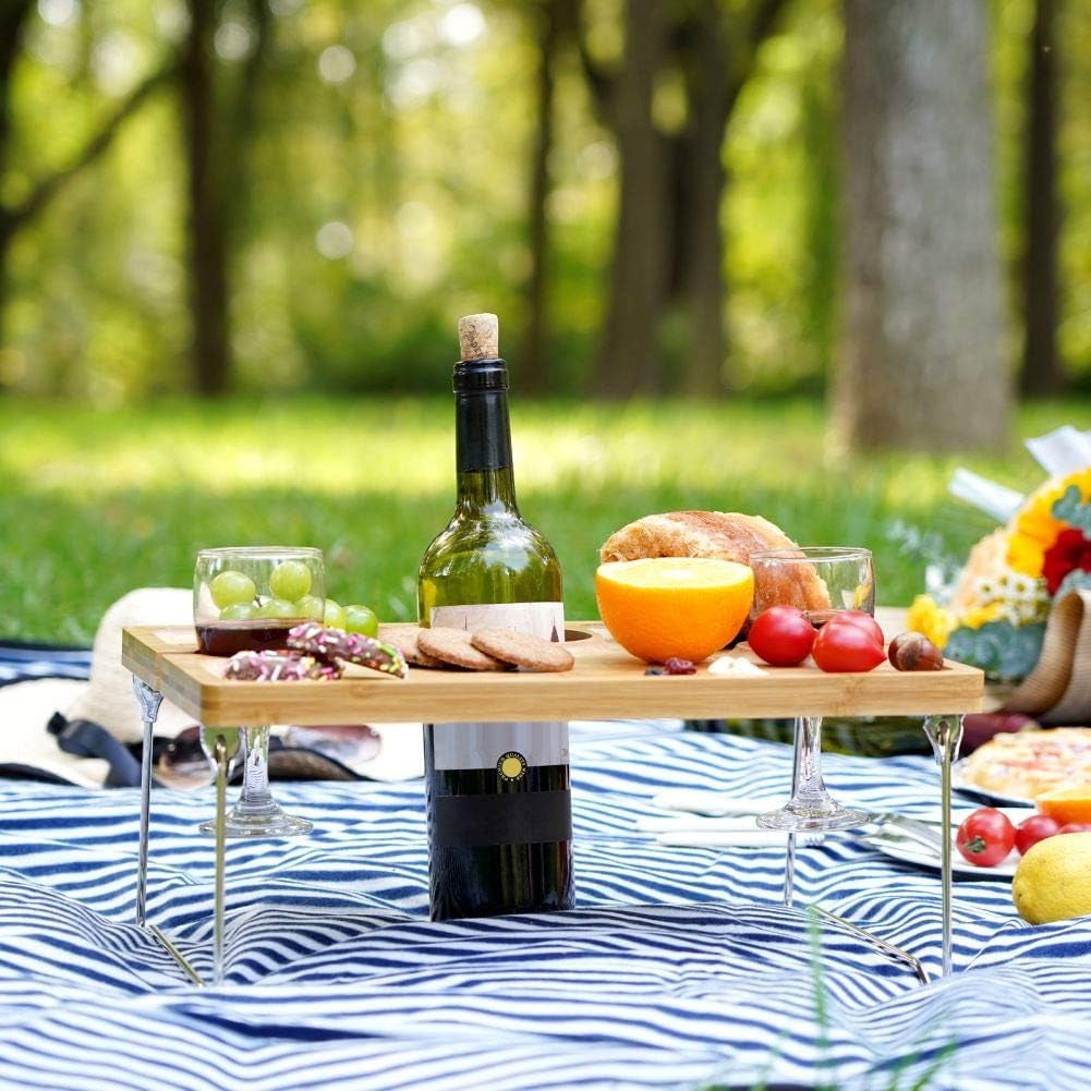 Folding Bamboo Wine Picnic Table with Bottle Opener – Portable Cheese & Snack Tray with Wine Glass Holders