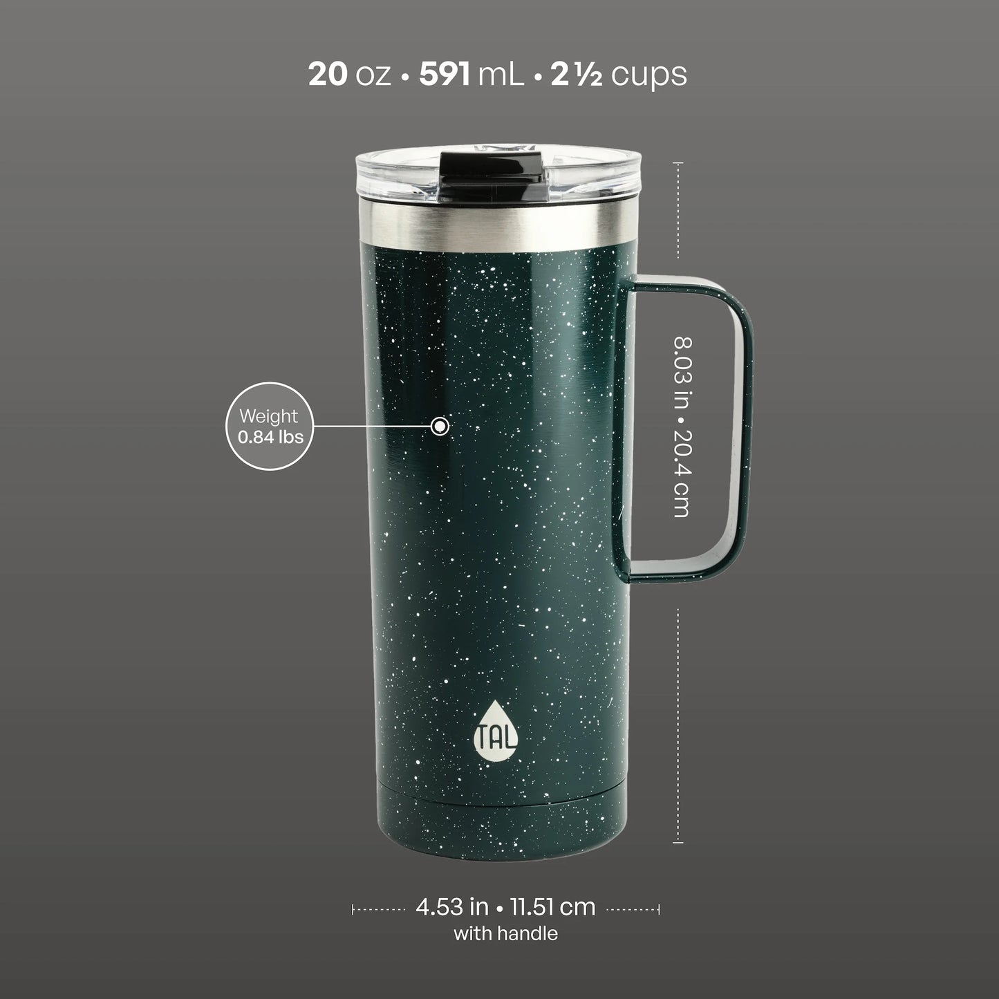 TAL Stainless Steel Mountaineer Travel Mug – 20 oz, Teal Speckle