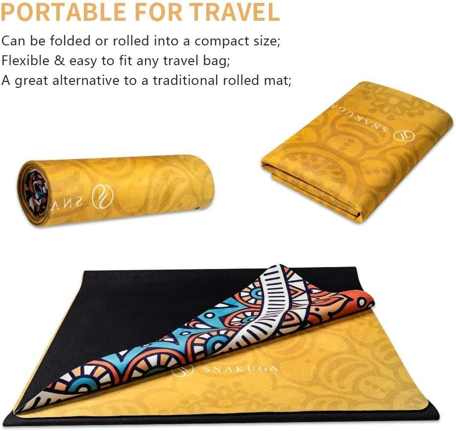SNAKUGA Foldable Travel Yoga Mat – Eco-Friendly Suede & Natural Rubber, Non-Slip, Lightweight & Compact – 72"x26"x1.5mm Thin for Hot Yoga, Pilates & Fitness – Includes Carry Bag