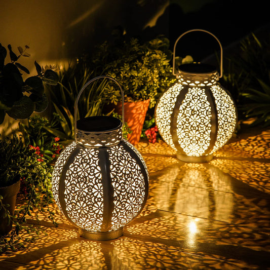 Outdoor Solar Lanterns – 2 Pack Retro Hollow Metal Hanging Lights for Garden & Patio