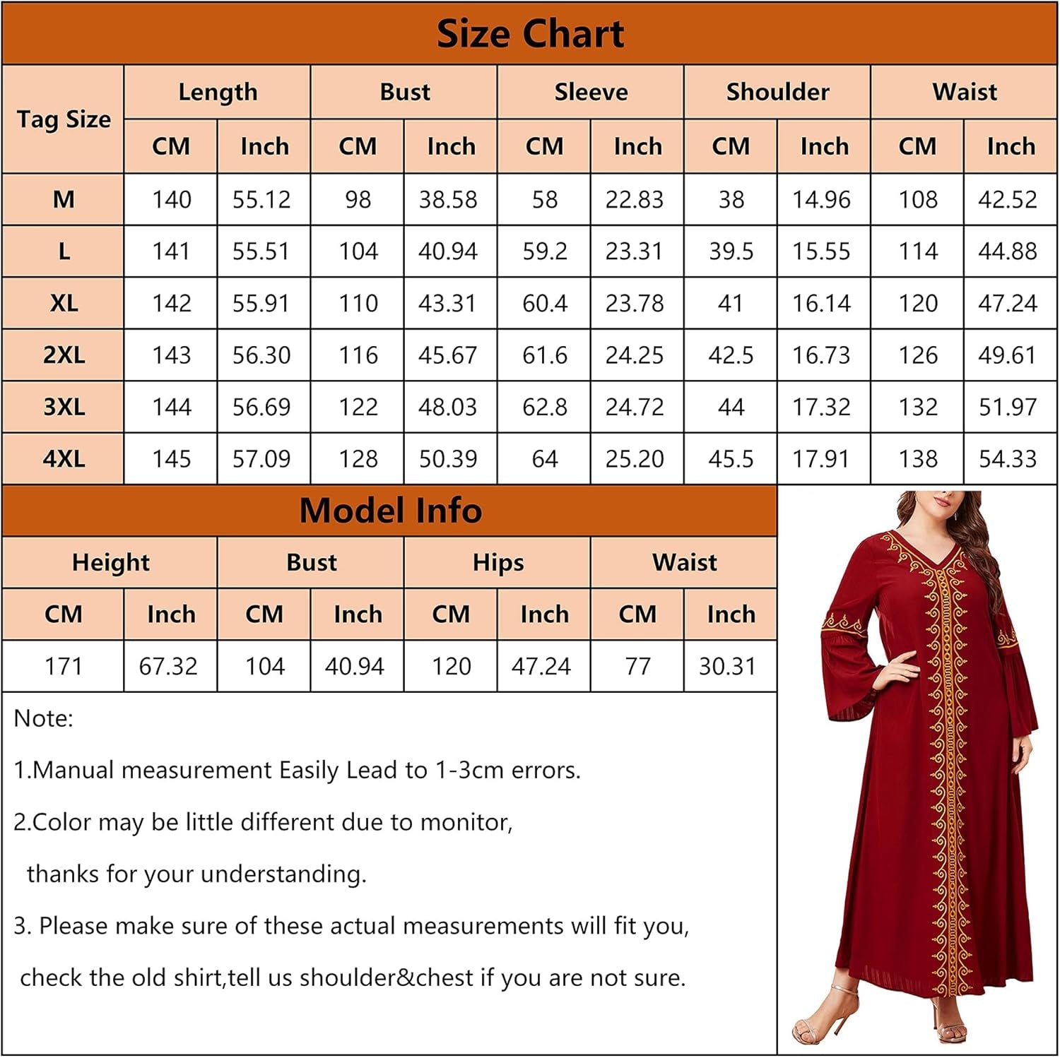 Aomesinc Plus Size Embroidered Muslim Maxi Dress – Retro Elegance in Burgundy Red