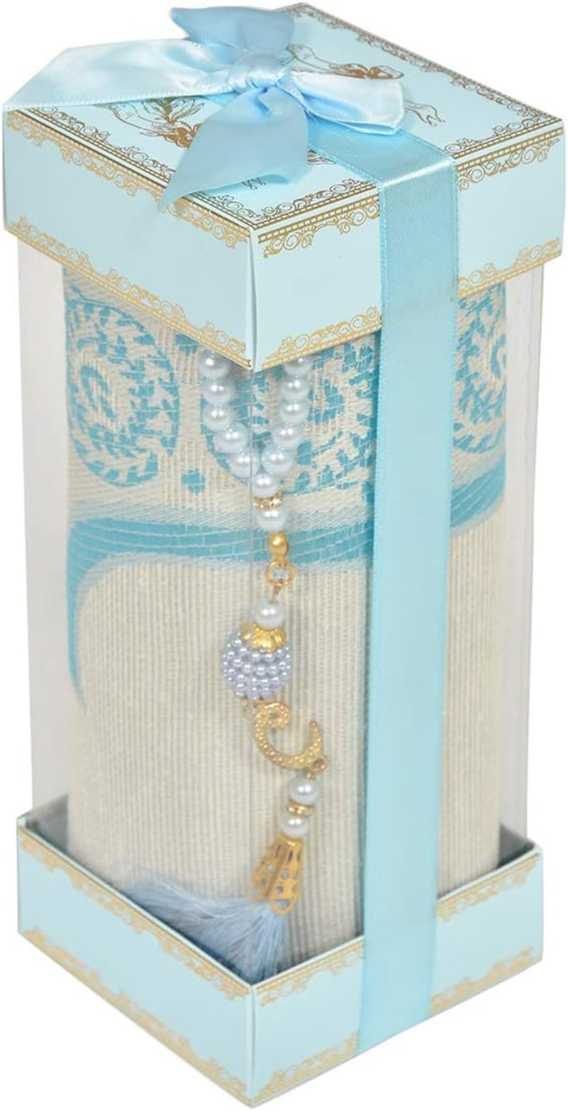 Premium Turkish Cotton Muslim Prayer Rug with Pearl Prayer Beads – Gift Boxed Islamic Prayer Mat for Men, Women & Kids