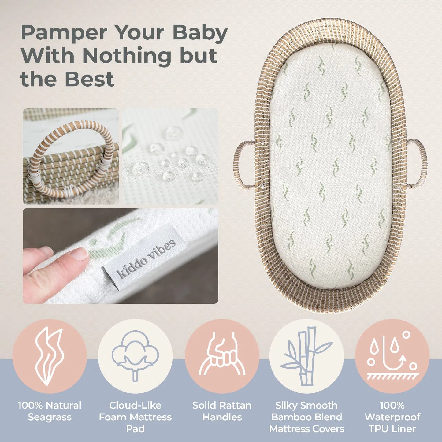 Seagrass Baby Changing Basket Set – Handwoven Natural Changing Station with Cushioned Pad & 3 Waterproof Bamboo Covers, CPSC Compliant, Boho Nursery Essential