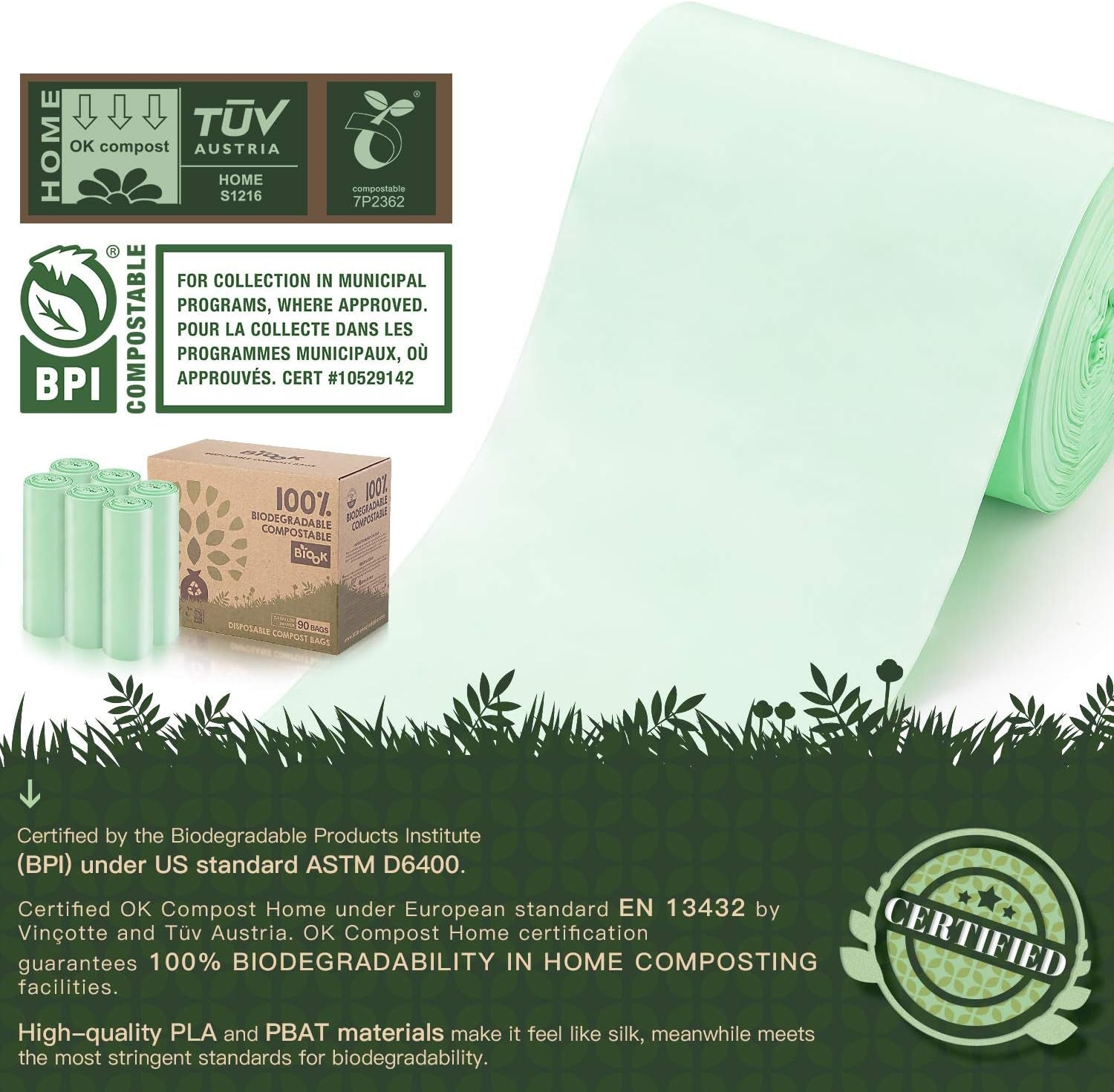 BIOOK Certified Compostable Dog Waste Bags – Leakproof, Plant-Based, Unscented – 2.6 Gallon, 25 Bags/Roll – Eco-Friendly, Biodegradable Trash Bags for Home & Pet Use